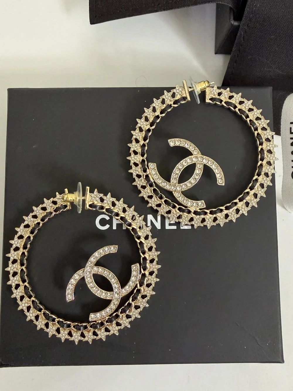 CHANEL Crystal CC Star-Edged Hoop Earrings